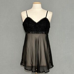 Cinema Etoile Womens Slip Dress Nightgown L Black Lace Mesh Babydoll Glitter